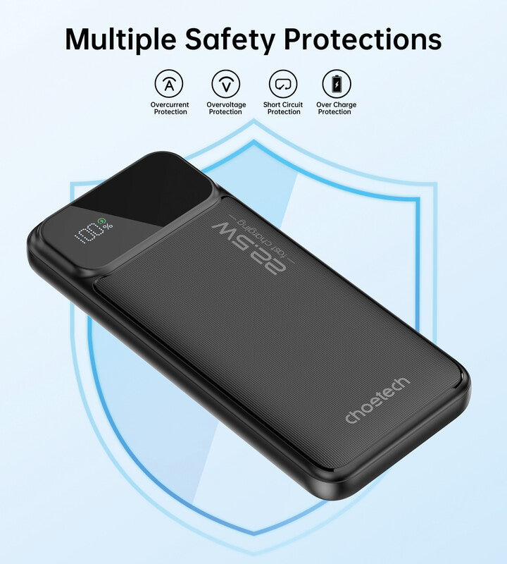 Choetech Powerbank 10000 mAh, 1× USB-C, 2× USB-A, für Smartphones, Tablets, Notebooks, Schwarz
