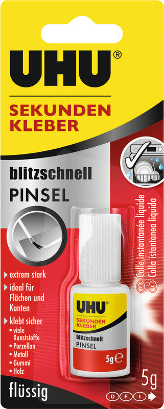 UHU Sekundenkleber – Pinselapplikator, permanent, transparent, 5 g, für Holz, Porzellan, Metall u. a.