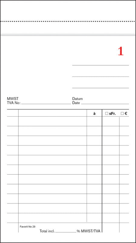 Favorit Formularblock – Kasse, Deutsch/Französisch, 50 Blatt, 100 × 175 mm