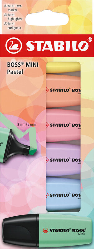 STABILO BOSS Textmarker Mini Set 6 Pastellfarben – Keilspitze, 2–5 mm
