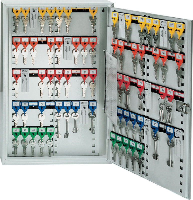 Rieffel Schlüsselkasten KyStor Econom, 100 Haken, Zylinderschloss, Stahl, Weiss – B 380 × H 550 × T 65 mm