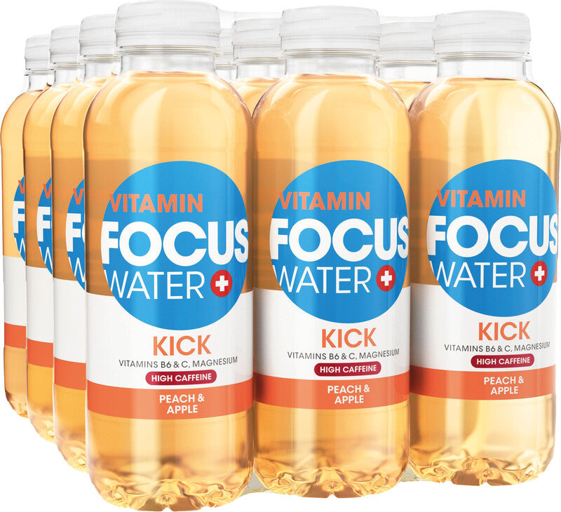 Focus Water Vitaminwasser Kick, Pfirsich & Apfel, koffeinhaltig – 12 × 5 dl