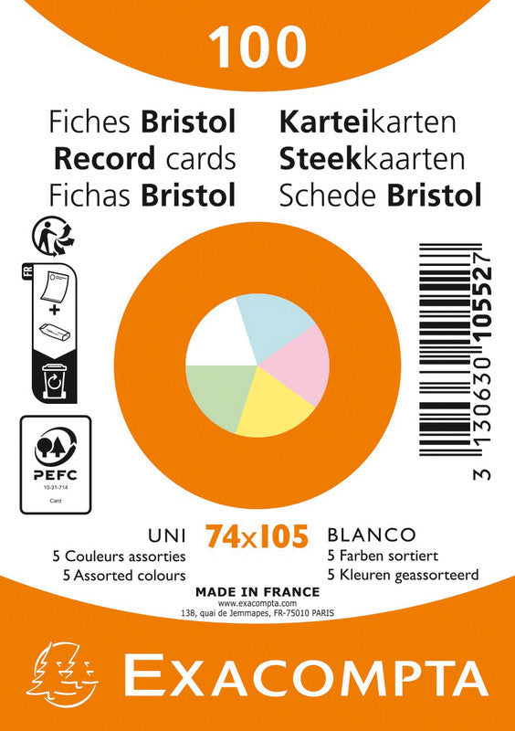 Exacompta Karteikarte A7 Querformat, Blanko, Mehrfarbig, 205 g/m², Karteikarton – 100 Stück