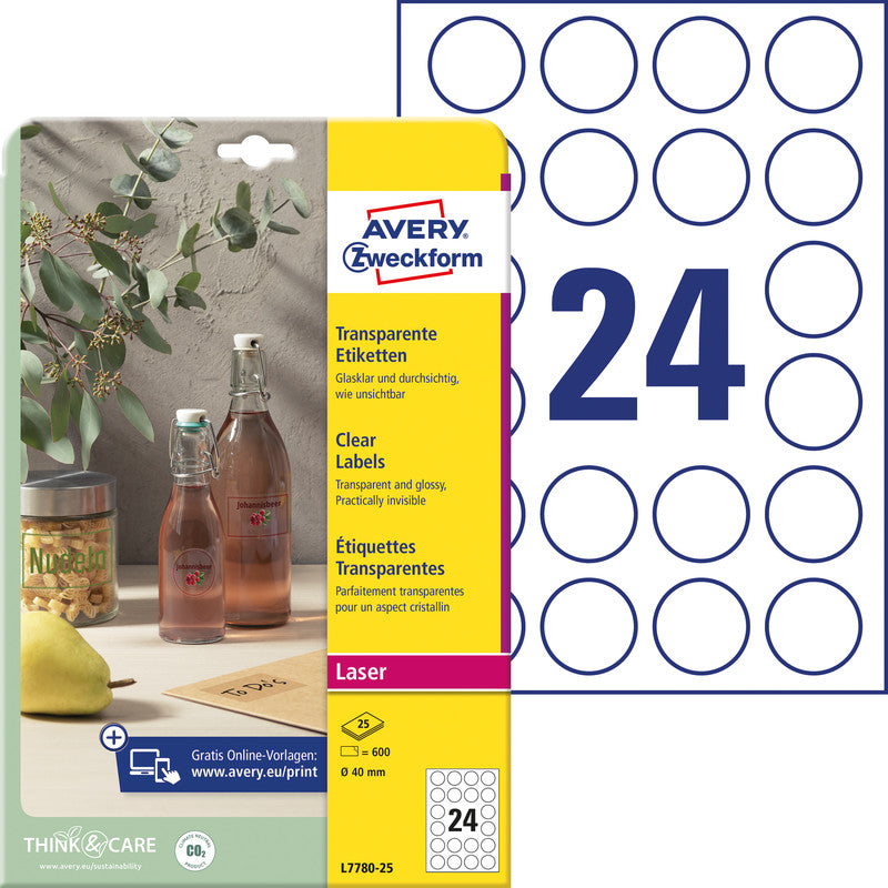 Avery Folienetiketten, Ø 40 mm, transparent, Folie, permanent