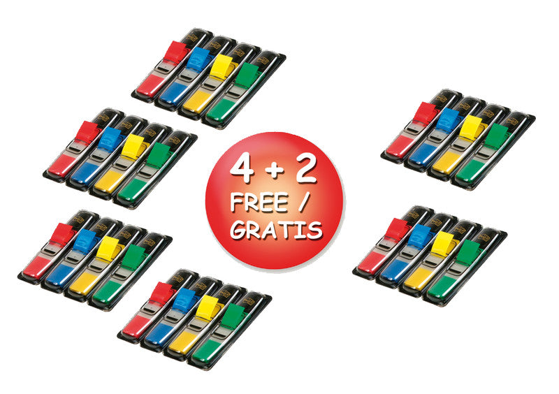 Post-it Schmale Indexstreifen Promopack 4+2 – 11,9×43,2 mm – sortiert, 6×35 Stück, mit Dispenser
