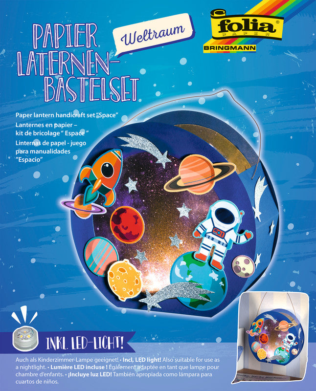 Folia Bastelset Laterne – Weltraum – 2 Bogen Fotokarton, 2 Transparentpapier, 2 Glitterkarton – 2× CR2032