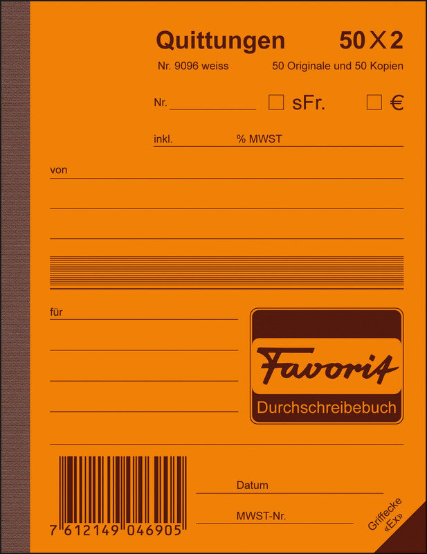 Favorit Formularblock – Quittungen, Deutsch, 50 Blatt, A6, Kohlepapier