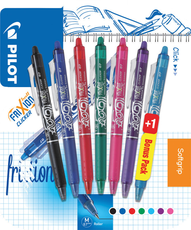 Pilot FriXion Ball Clicker – Radierbarer Tintenroller-Set, 0,7 mm, Schwarz/Blau/Rot u. a., 7er Etui