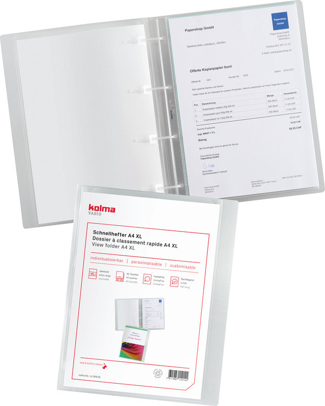 Kolma Schnellhefter Vario XL – A4, Kunststoff, transparent, Sichttasche, integrierte Abheftvorrichtung