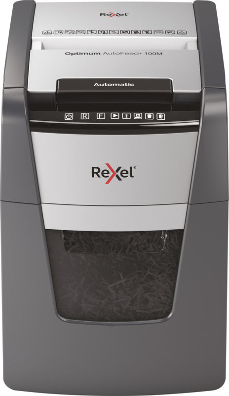 Rexel Optimum AutoFeed+ 100M – Aktenvernichter mit Autofeed 100 Blatt, DIN P-5, Mikroschnitt 2 × 15 mm, 34 l