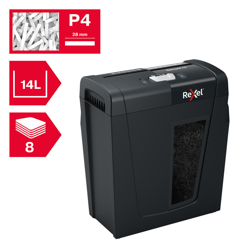 Rexel Secure X8 – Aktenvernichter, DIN P-4, Partikelschnitt 4 × 40 mm, 8 Blatt, 10 l, A4