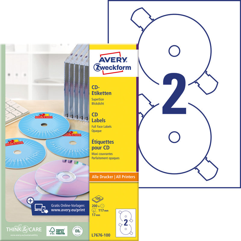 Avery CD-/DVD-Etiketten, Ø 117 mm, weiss, Papier, permanent, 200 Etiketten (100 Blatt)