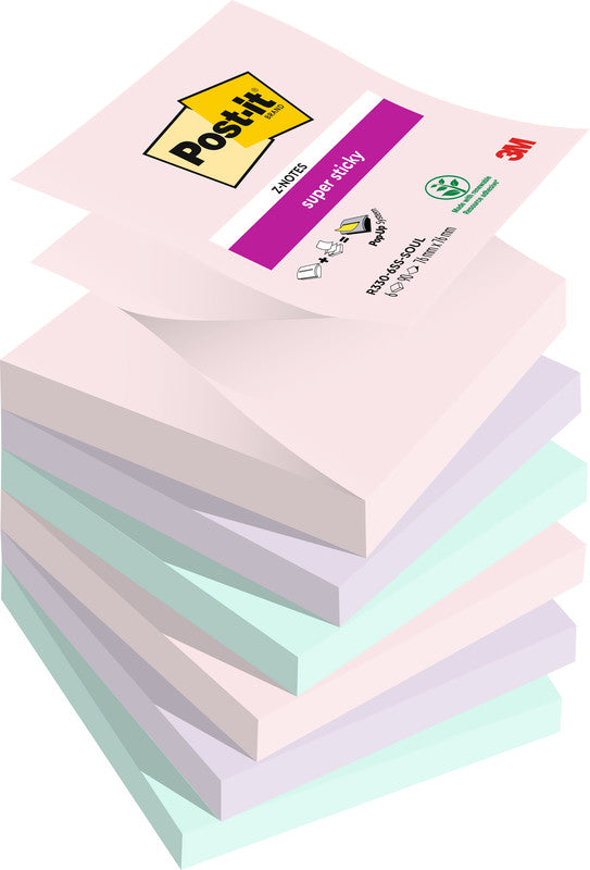 Post-it Super Sticky Haftnotizen – 76×76 mm – sortiert (rosa, flieder, mint), 6×90 Blatt, Z-Faltung, PEFC