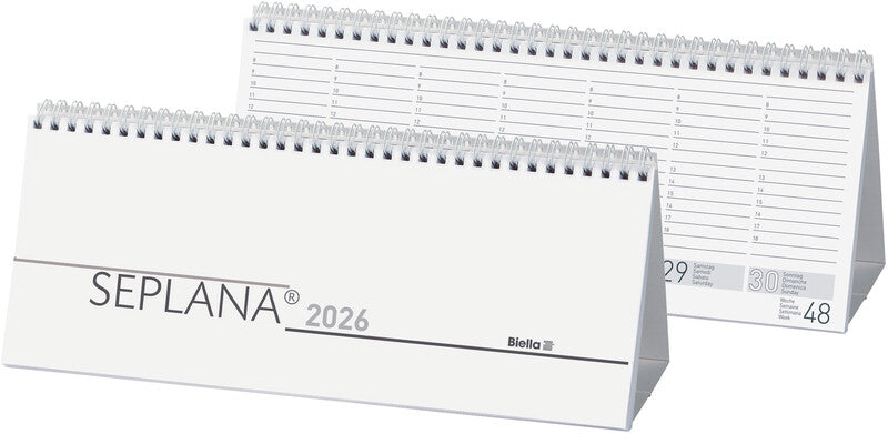 Biella Seplana Wochenplaner – 1 Woche/2 Seiten, Spiralbindung, 29,8 × 11,7 cm, Jan–Dez 2026, mit Ständer, FSC