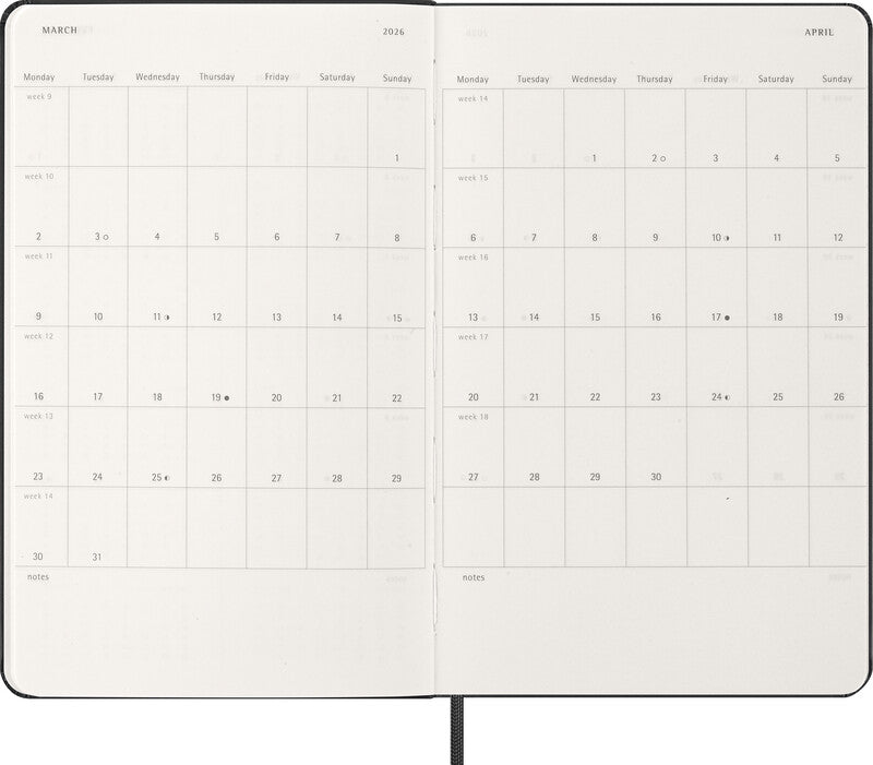 Moleskine Agenda – 1 Woche/2 Seiten, gebunden, 13,0 × 21,0 cm, 2026, schwarz, FSC