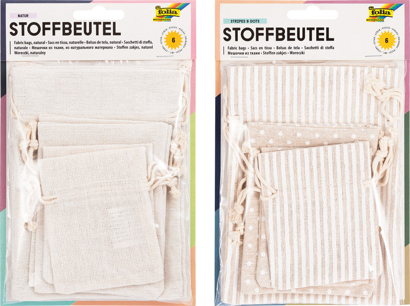 Folia Geschenkbeutel – Baumwolle, gerippt – 3 Grössen, je 2 Stück: 100 × 80 mm, 130 × 100 mm, 180 × 130 mm