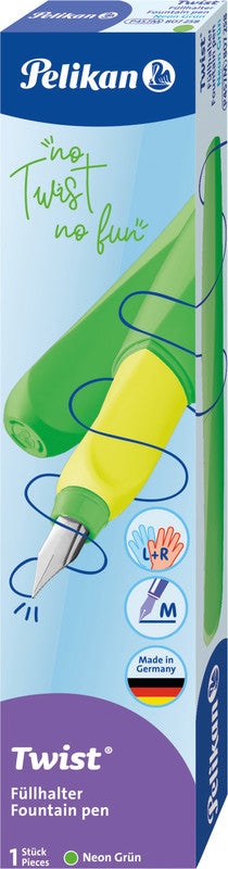 Pelikan Twist – Federspitze M – für Rechts- & Linkshänder – Neongrün, Blau – Patronen