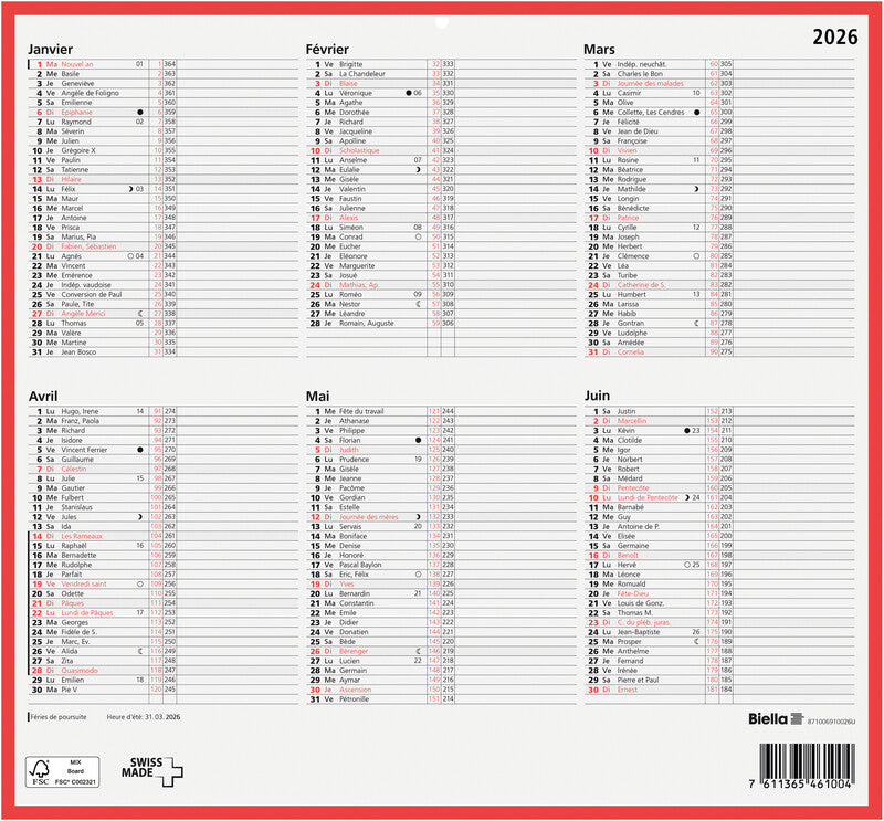 Biella Tafelkalender – 6 Monate pro Seite – Französisch – 2026 – mit Notizfeld – 32 × 29,7 cm