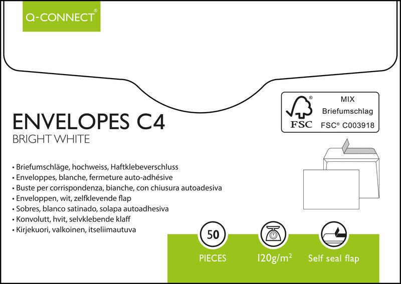 Q-CONNECT Couvert C4, ohne Fenster, selbstklebend, weiss, 120 g/m², mit Innendruck – 50 Stk.