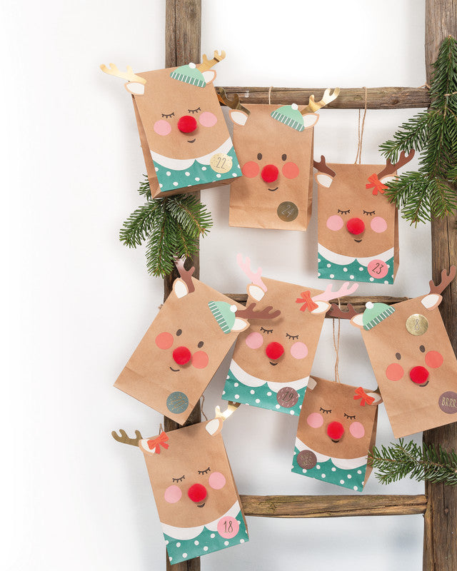 Folia Adventskalender-Set Rednose Rentier – 24 bedruckte Papiertüten – 220 × 240 × 20 mm
