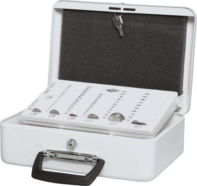 Wedo Geldkassette – mit Schlüssel – 31,5 × 24,5 × 9,5 cm – Weiss – Stahl