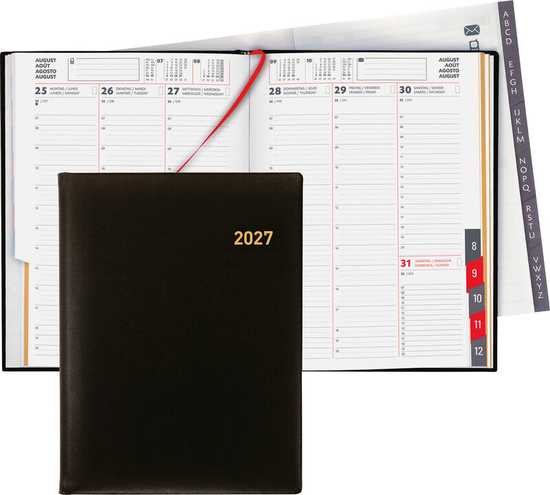 Biella Orario Agenda – 1 Woche/2 Seiten, gebunden, 17,8 × 23,5 cm, 2027, Schwarz, FSC