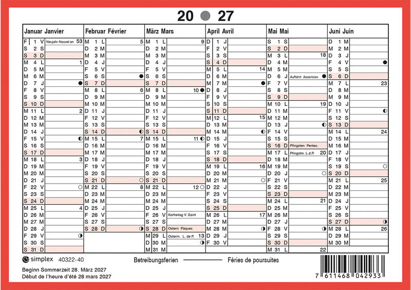 Simplex Tafelkalender – 6 Monate pro Seite – zweisprachig Deutsch/Französisch – 2027 – zweiseitig – 10,5 × 14,8 cm