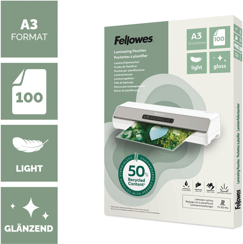 Fellowes Laminierfolien A3 – 80 µm, glänzend, 100 Stück