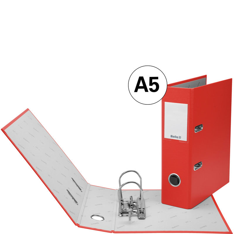 Biella Ordner – A5 hoch – 2-Ring Hebelmechanik, Rücken 70 mm – rot, Karton, mit Niederhalter, FSC