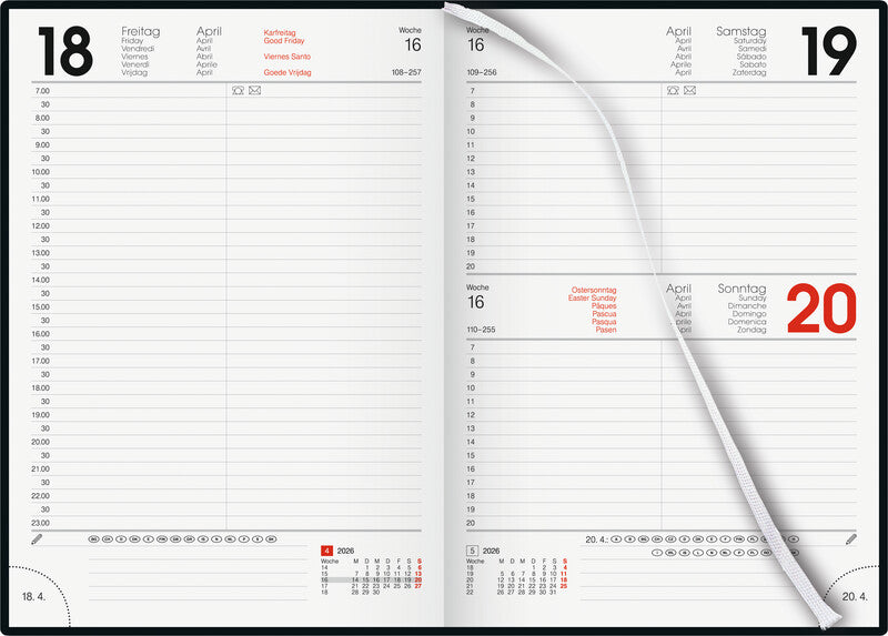 Biella Agenda – 1 Tag pro Seite, gebunden, 14,5 × 20,5 cm, 2026, 1/2-Stunden-Takt, schwarz, FSC
