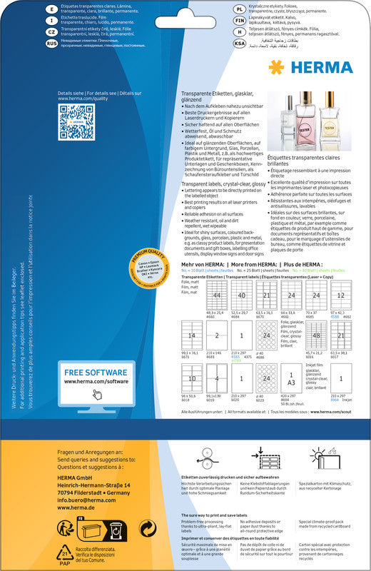 HERMA Druckeretiketten, Ø 40 mm (A4), transparent, Folie, permanent, 25 Blatt (600 Etiketten)
