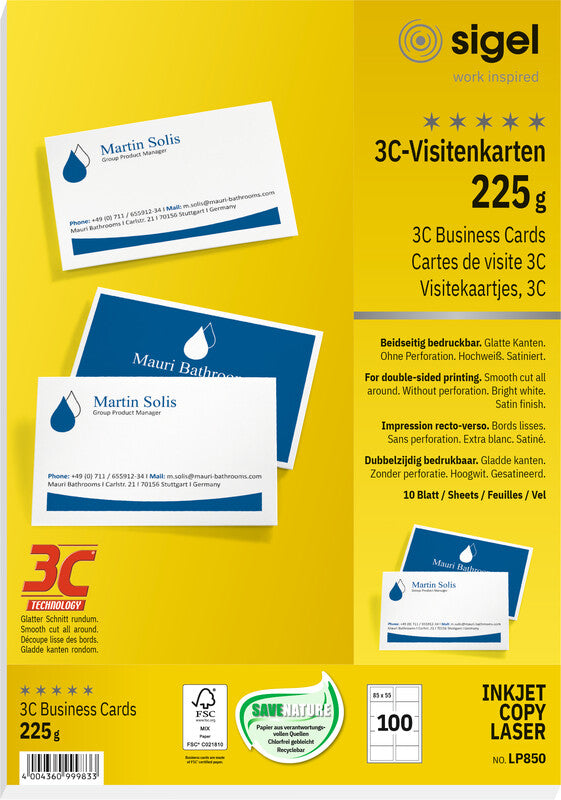 Sigel Visitenkarten, 85 × 55 mm – A4, 10 pro Blatt – 100 Karten – FSC-zertifiziert, beidseitig bedruckbar