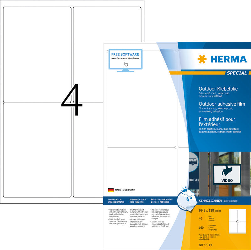 HERMA Drucketiketten, 99 mm × 139 mm, weiss, Folie, extra stark, 40 Blätter (160 Etiketten)