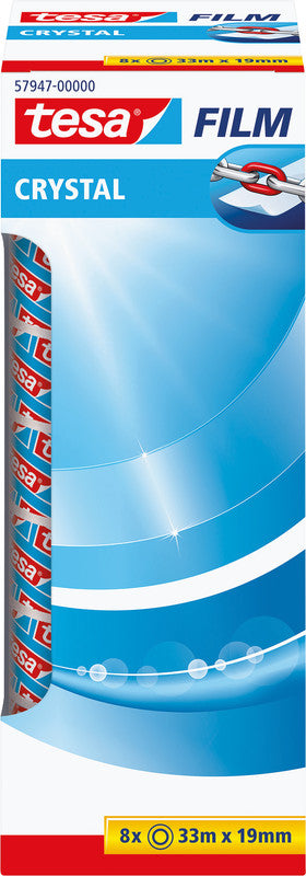 TESA Klebeband Crystal – permanent, Kunststoff, 19 mm × 33 m, Kern Ø 26 mm, 8 Rollen