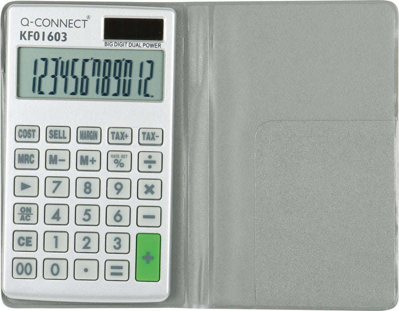 Q-CONNECT Taschenrechner KF01603 – 12-stellig, LCD, Prozent, Solar, grau