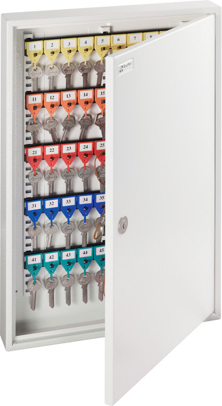Rieffel Schlüsselkasten KyStor Econom, 100 Haken, Zylinderschloss, Stahl, Weiss – B 380 × H 550 × T 65 mm