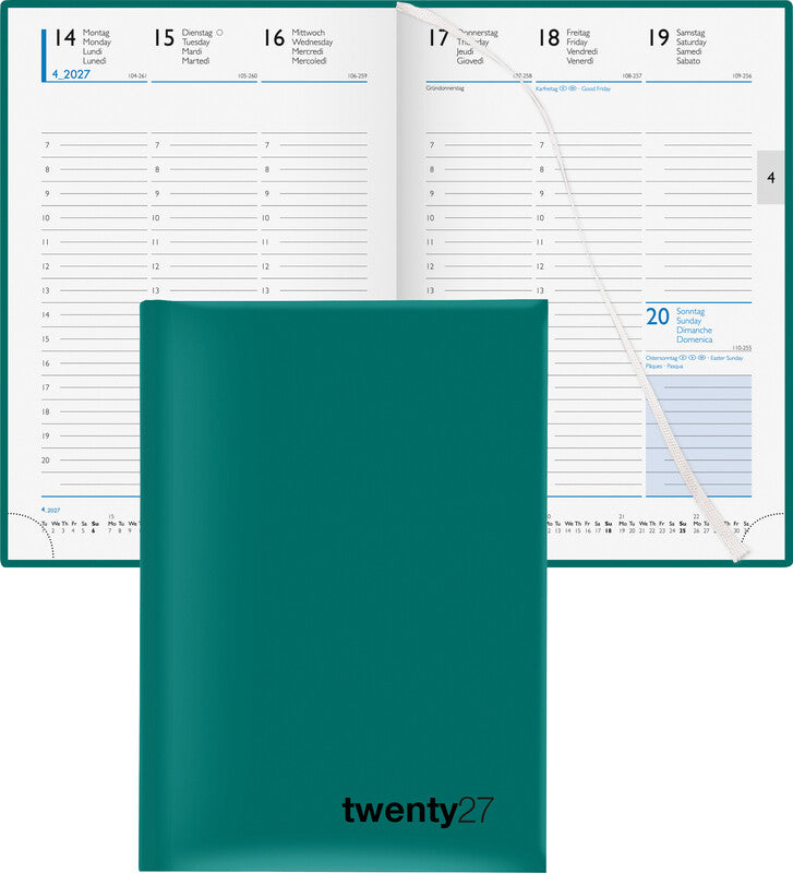 Biella Colorful 7 Agenda – 1 Woche/2 Seiten, gebunden, 14,5 × 20,5 cm, 2027, mehrsprachig, petrol, FSC