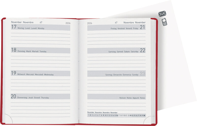 Biella Memento Agenda – 1 Woche/2 Seiten, gebunden, 10,1 × 14,2 cm, Jan–Dez, 2026, mehrsprachig, rot, FSC