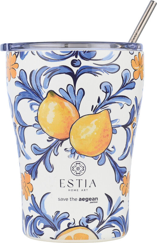 Estia Thermobecher 350 ml – doppelwandig 6 h heiss/12 h kalt, Druckknopfdeckel, Edelstahl, Amalfi Coast