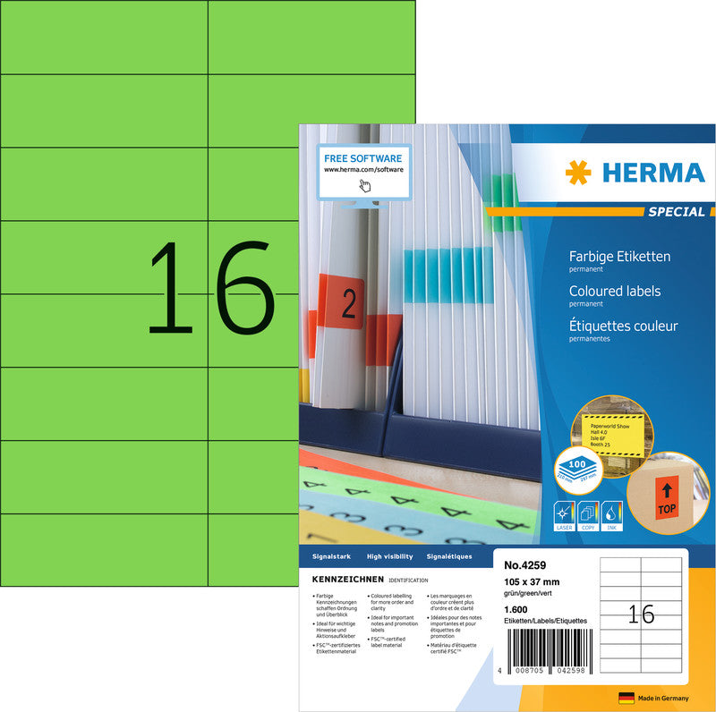 HERMA Drucketiketten, 105 mm × 37 mm, grün, Papier, permanent haftend, 100 Blatt (1'600 Etiketten)