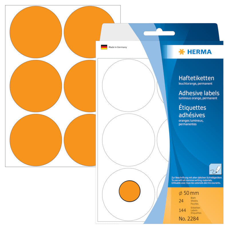 HERMA Schmucketiketten – Motiv Leuchtorange – Papier, 144 Stk, 24 Bogen, Ø 50 mm, permanent haftend