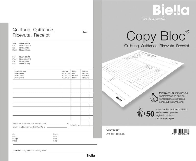 Biella Formularblock – Quittungen, mehrsprachig, 50 Blatt, A6