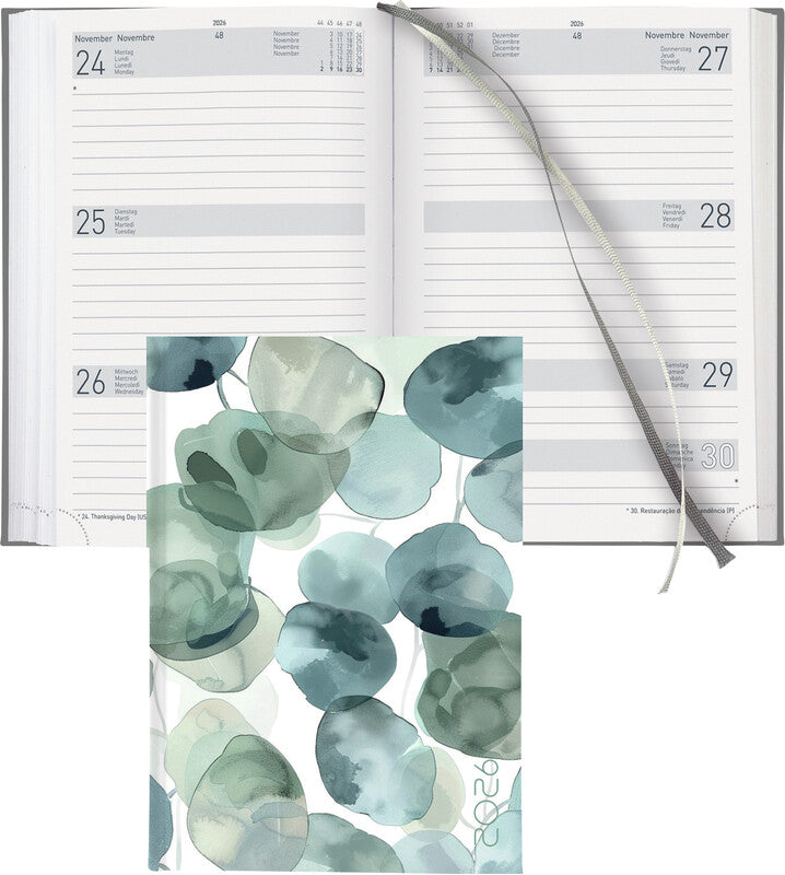 Biella Dispo Term Trend Agenda – 1 Woche/2 Seiten, gebunden, 14,5 × 20,5 cm, Jan–Dez 2026, Eukalyptus, FSC