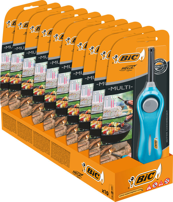 BIC Feuerzeug Megalighter U140 – ergonomischer Griff, Druckknopf-Zündung – Kunststoff – mehrfarbig