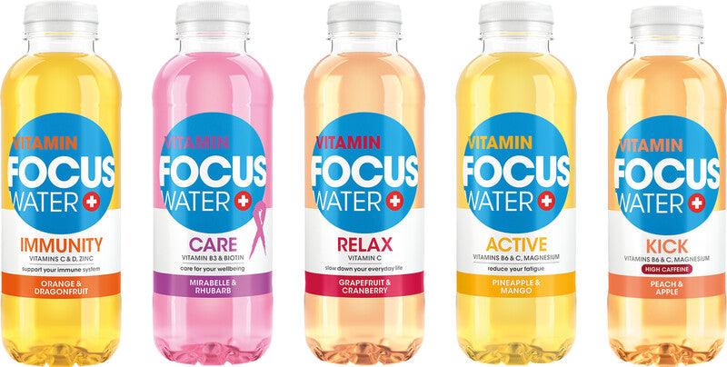 Focuswater Vitaminwasser Care Mirabelle & Rhabarber ohne Kohlensäure – 12 × 5 dl