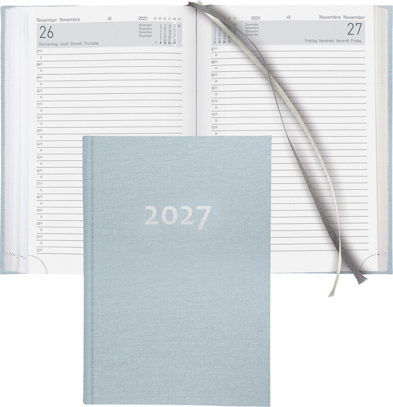 Biella Executive Agenda – 1 Tag pro Seite, gebunden, 14,5 × 20,5 cm, 2027, 1/2-Stunden-Takt, Hellblau, FSC