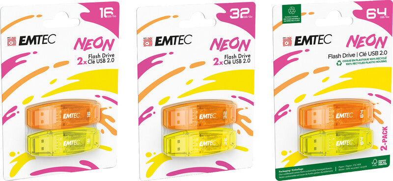 Emtec C410 neon – 64 GB USB-Stick USB 2.0, Lesen 15 MB/s, Schreiben 5 MB/s, 2er-Pack, neonorange/neongelb