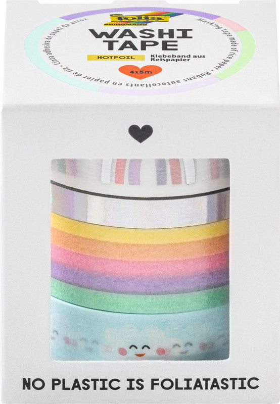 Folia Washi-Tape-Set mit Heissfolienveredelung – sortiert – 5 mm × 5 m, 3 × 15 mm × 5 m – 4 Rollen