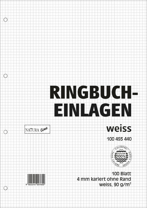 Natura line Notizbuch-Einlagen A4, kariert 4 mm, 4-fach gelocht, 90 g/m² – 100 Blatt