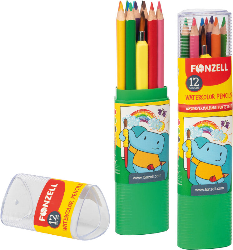 Fonzell Aquarellfarbstifte-Set – 12 Farben, Dreikant, Mine Ø 3,3 mm, Dreiecksetui, mit Pinsel